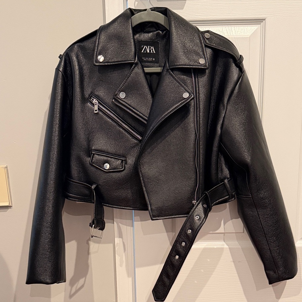 ZARA Black Cropped Faux Leather Biker Jacket